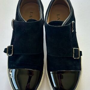 Lanvin Black Suede & Patent Leather Double Monk Slip-Ons